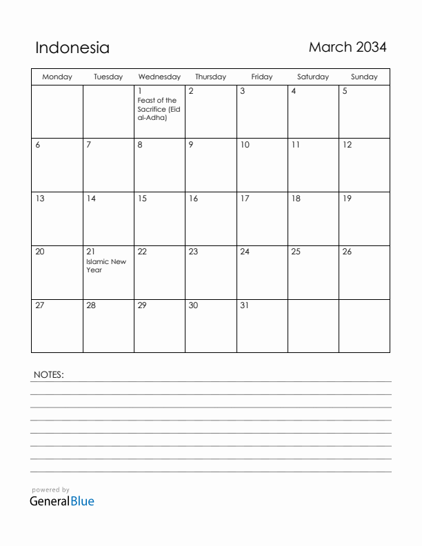 March 2034 Indonesia Calendar with Holidays (Monday Start)