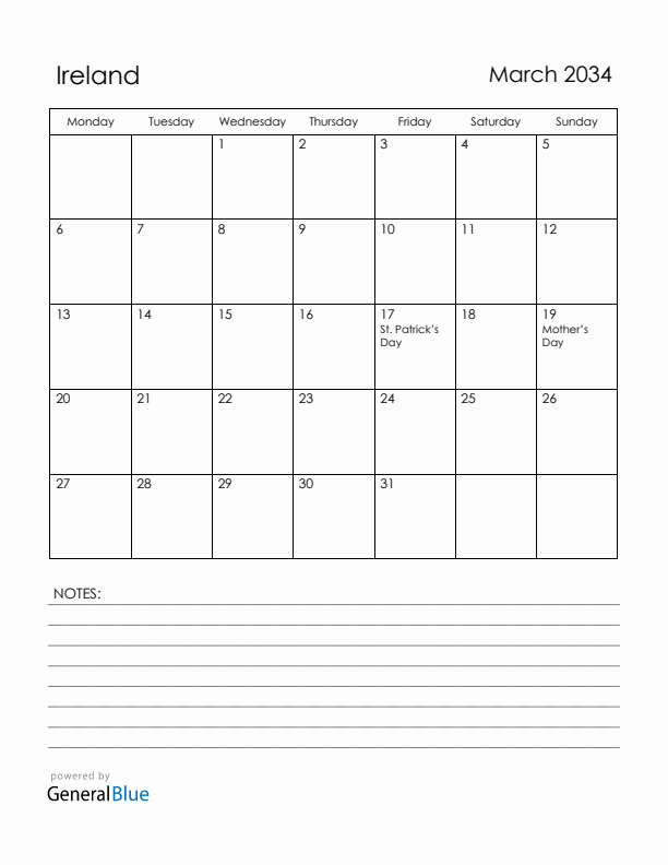 March 2034 Ireland Calendar with Holidays (Monday Start)