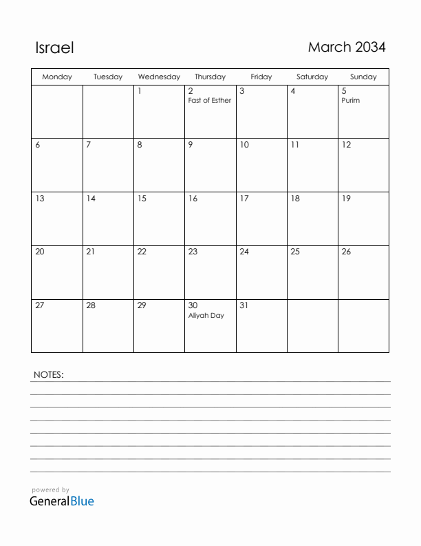 March 2034 Israel Calendar with Holidays (Monday Start)