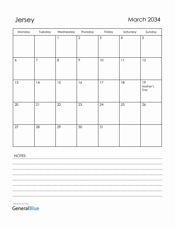 March 2034 Jersey Calendar with Holidays (Monday Start)