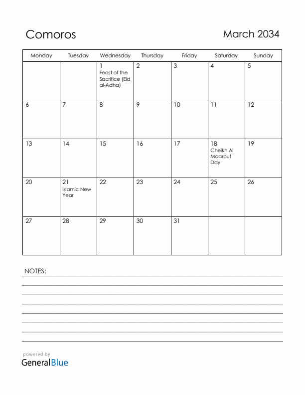 March 2034 Comoros Calendar with Holidays (Monday Start)