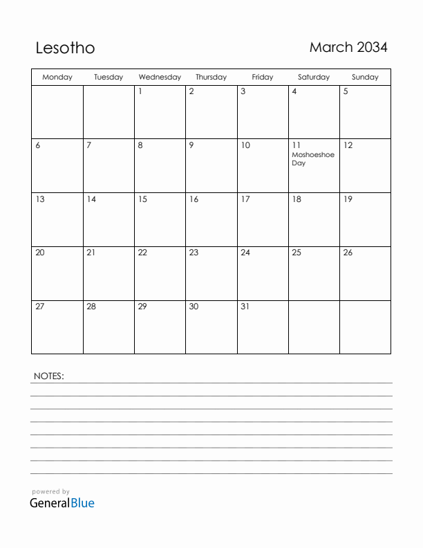March 2034 Lesotho Calendar with Holidays (Monday Start)