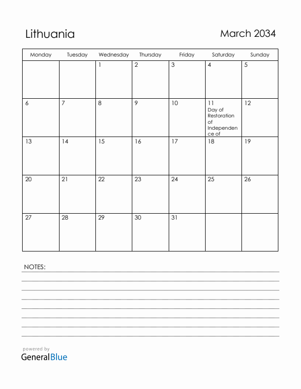 March 2034 Lithuania Calendar with Holidays (Monday Start)