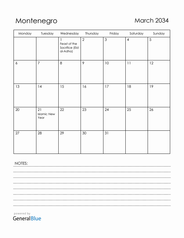 March 2034 Montenegro Calendar with Holidays (Monday Start)