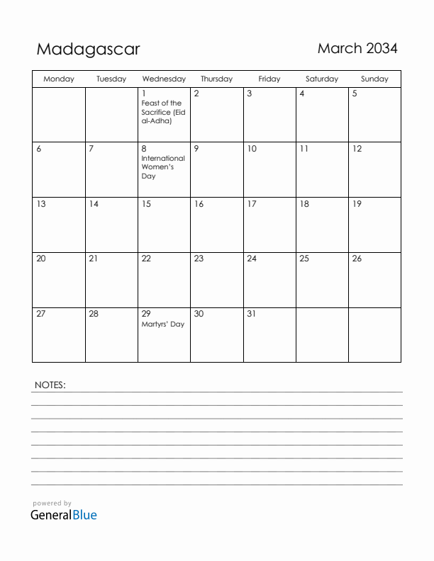 March 2034 Madagascar Calendar with Holidays (Monday Start)