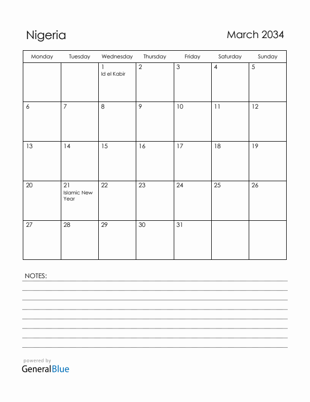 March 2034 Nigeria Calendar with Holidays (Monday Start)