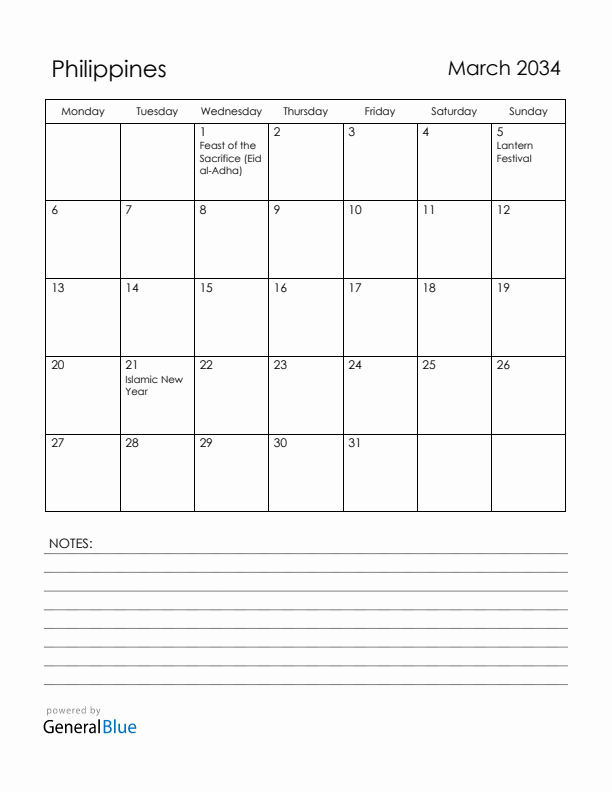 March 2034 Philippines Calendar with Holidays (Monday Start)