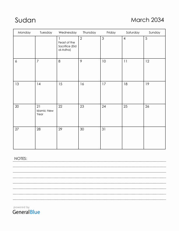 March 2034 Sudan Calendar with Holidays (Monday Start)
