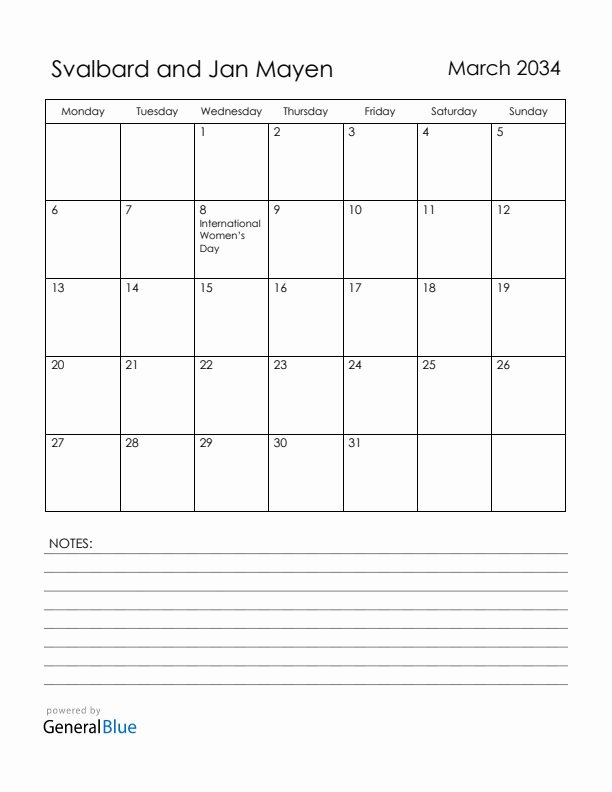 March 2034 Svalbard and Jan Mayen Calendar with Holidays (Monday Start)
