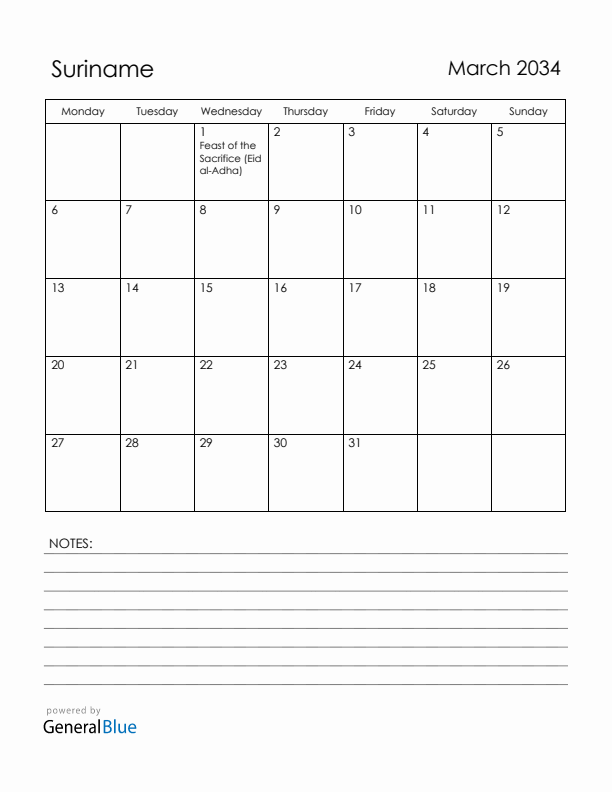 March 2034 Suriname Calendar with Holidays (Monday Start)