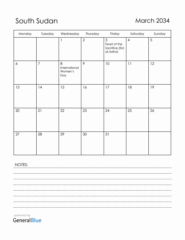 March 2034 South Sudan Calendar with Holidays (Monday Start)