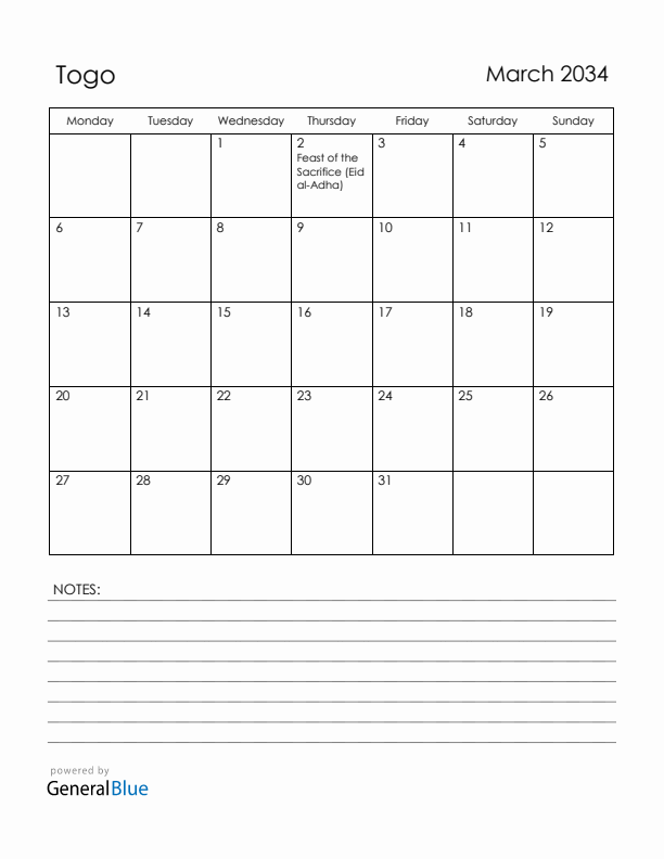 March 2034 Togo Calendar with Holidays (Monday Start)