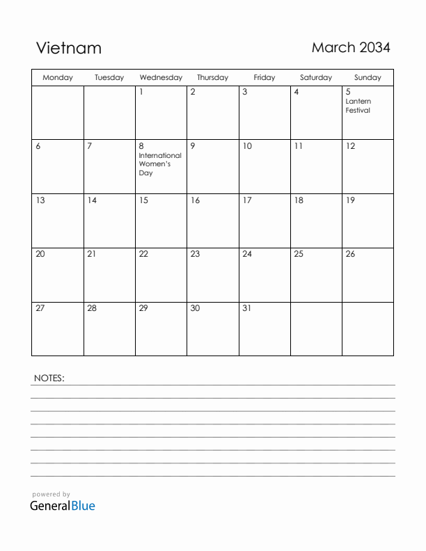 March 2034 Vietnam Calendar with Holidays (Monday Start)