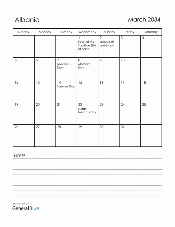 March 2034 Albania Calendar with Holidays (Sunday Start)
