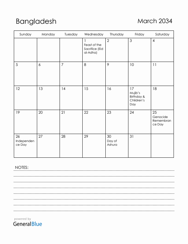 March 2034 Bangladesh Calendar with Holidays (Sunday Start)
