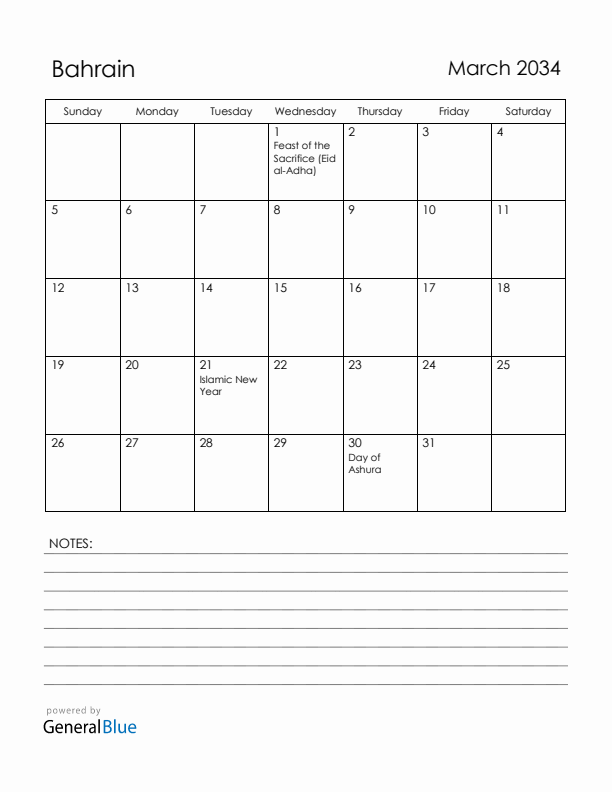 March 2034 Bahrain Calendar with Holidays (Sunday Start)