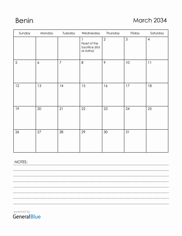 March 2034 Benin Calendar with Holidays (Sunday Start)