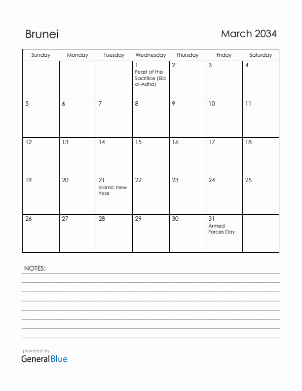 March 2034 Brunei Calendar with Holidays (Sunday Start)