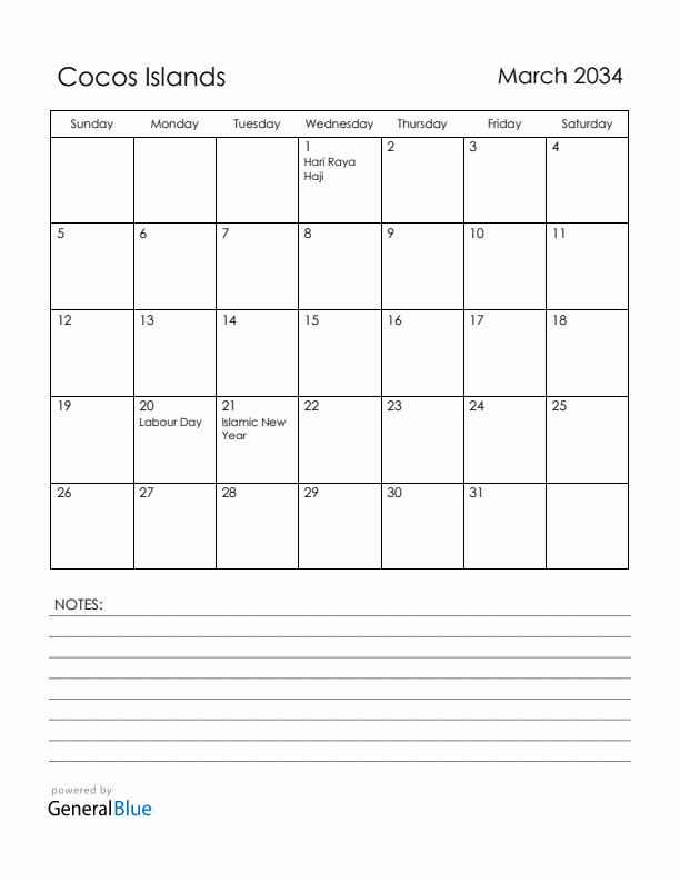 March 2034 Cocos Islands Calendar with Holidays (Sunday Start)