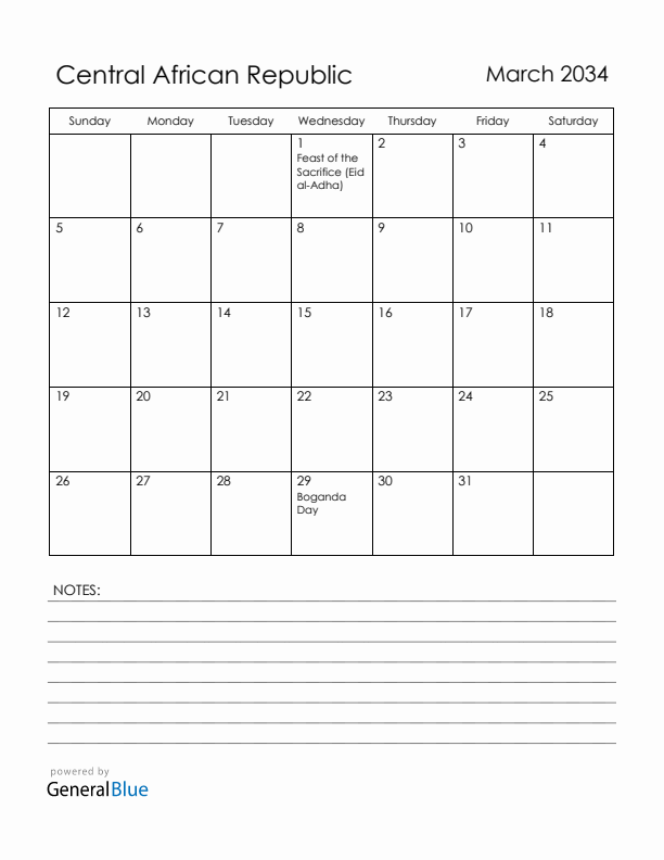 March 2034 Central African Republic Calendar with Holidays (Sunday Start)