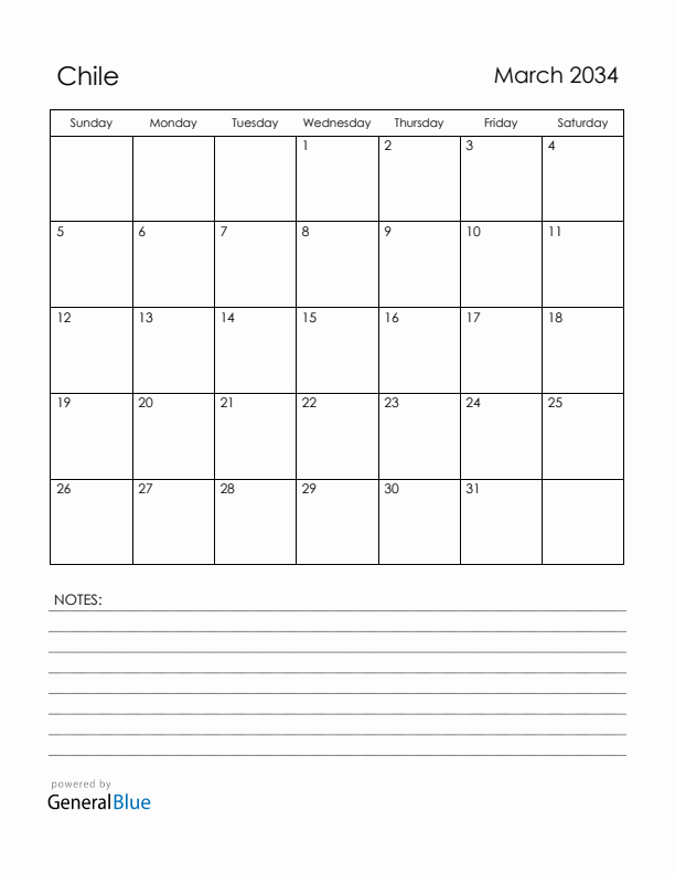 March 2034 Chile Calendar with Holidays (Sunday Start)