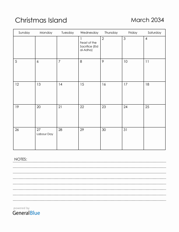 March 2034 Christmas Island Calendar with Holidays (Sunday Start)