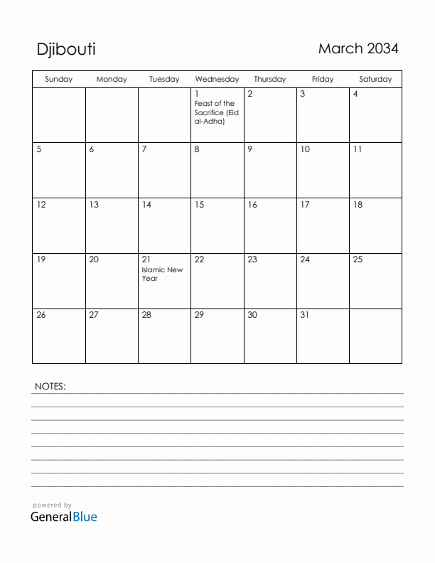 March 2034 Djibouti Calendar with Holidays (Sunday Start)