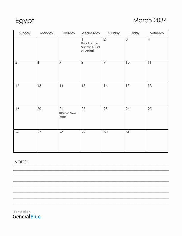 March 2034 Egypt Calendar with Holidays (Sunday Start)