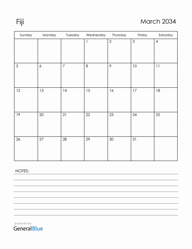 March 2034 Fiji Calendar with Holidays (Sunday Start)