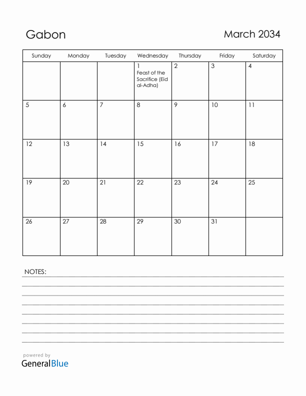 March 2034 Gabon Calendar with Holidays (Sunday Start)