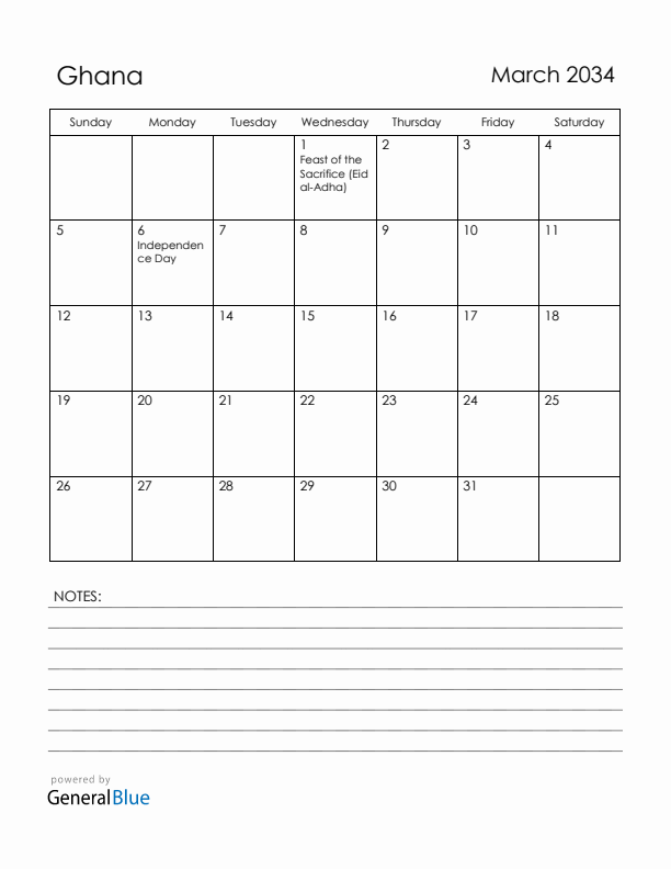 March 2034 Ghana Calendar with Holidays (Sunday Start)