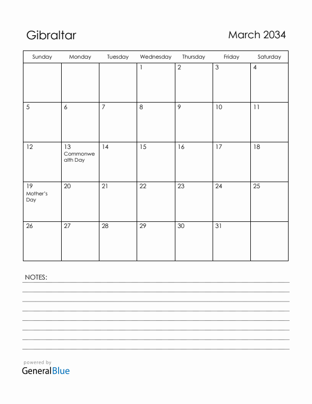 March 2034 Gibraltar Calendar with Holidays (Sunday Start)