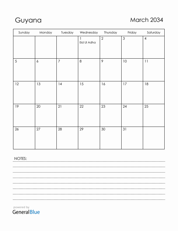 March 2034 Guyana Calendar with Holidays (Sunday Start)