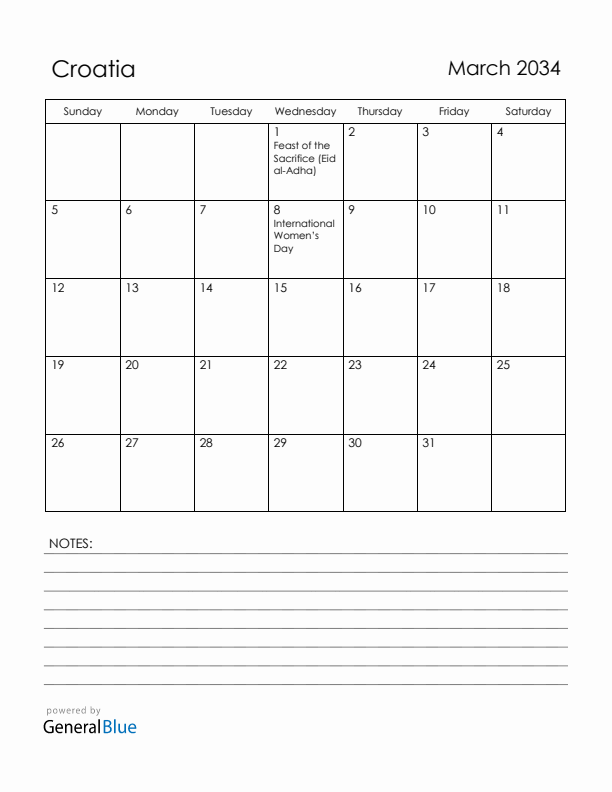 March 2034 Croatia Calendar with Holidays (Sunday Start)