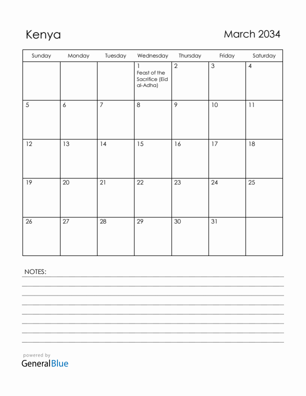 March 2034 Kenya Calendar with Holidays (Sunday Start)
