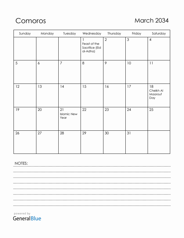 March 2034 Comoros Calendar with Holidays (Sunday Start)