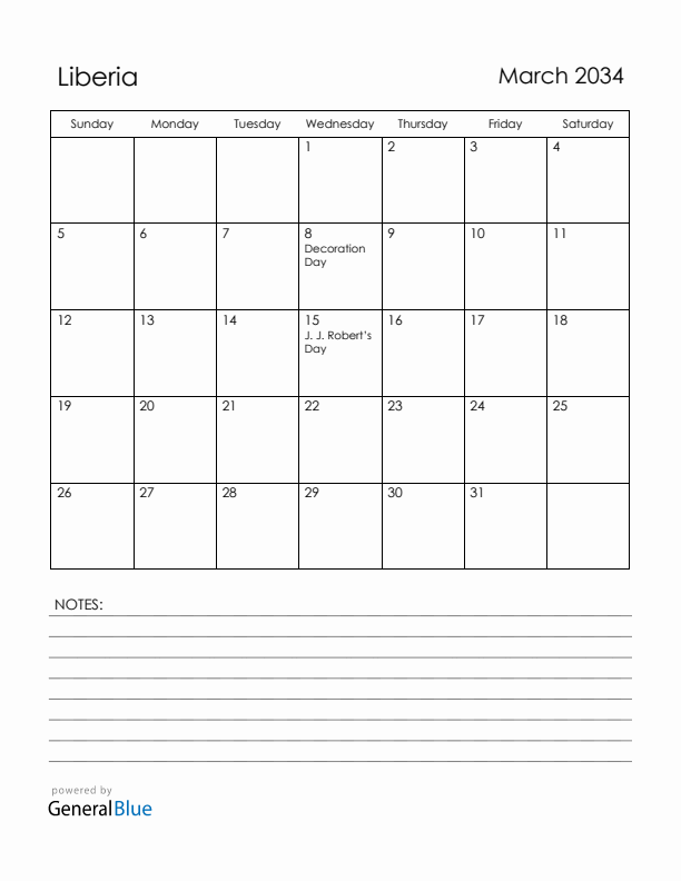March 2034 Liberia Calendar with Holidays (Sunday Start)