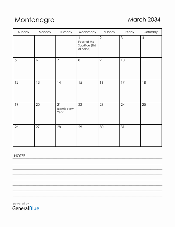 March 2034 Montenegro Calendar with Holidays (Sunday Start)