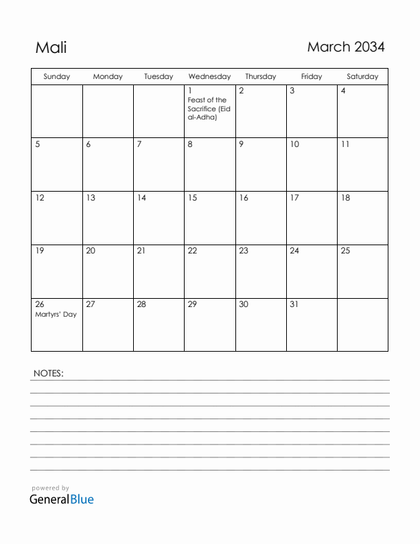 March 2034 Mali Calendar with Holidays (Sunday Start)