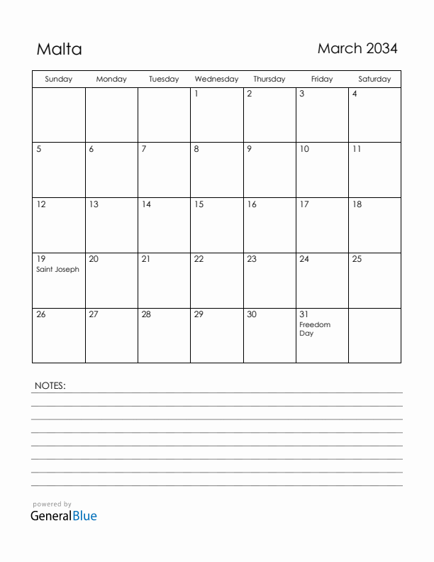 March 2034 Malta Calendar with Holidays (Sunday Start)