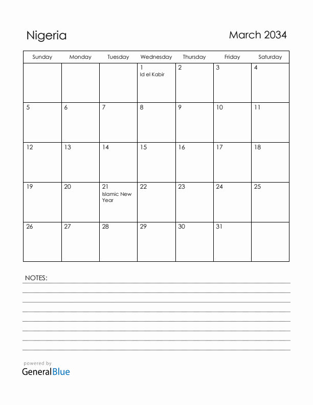 March 2034 Nigeria Calendar with Holidays (Sunday Start)