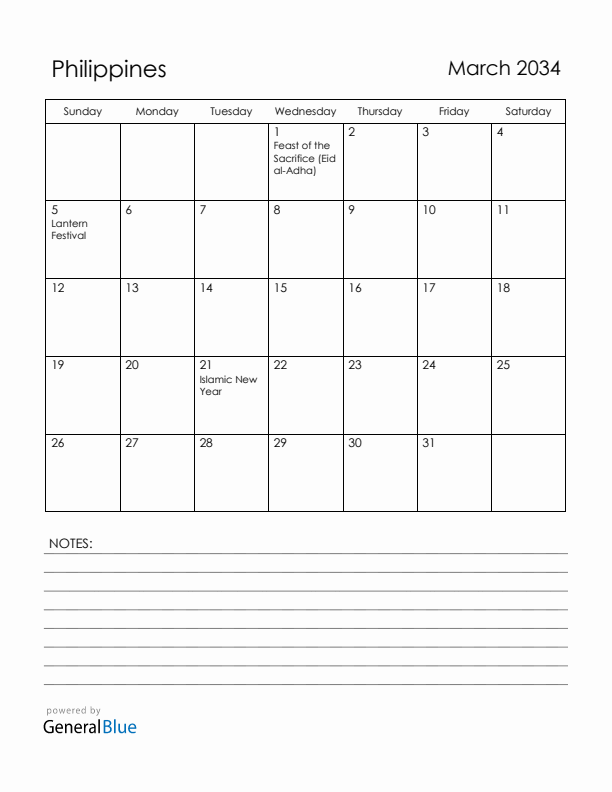 March 2034 Philippines Calendar with Holidays (Sunday Start)