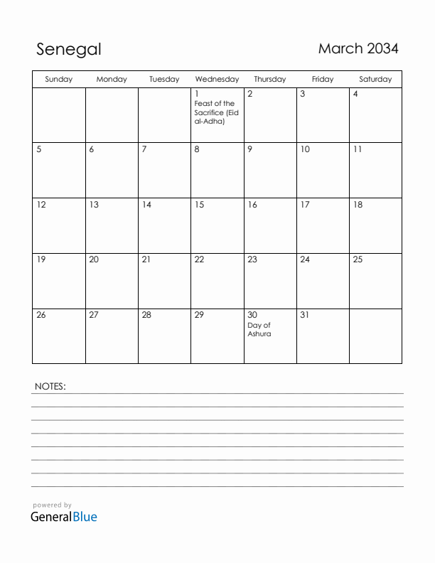 March 2034 Senegal Calendar with Holidays (Sunday Start)
