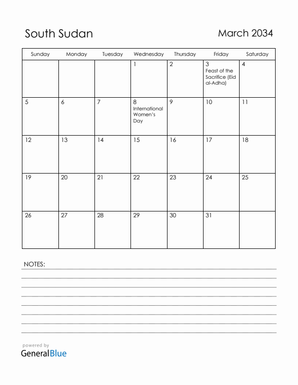 March 2034 South Sudan Calendar with Holidays (Sunday Start)