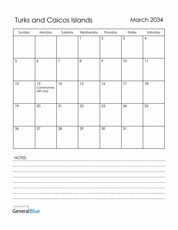March 2034 Turks and Caicos Islands Calendar with Holidays (Sunday Start)