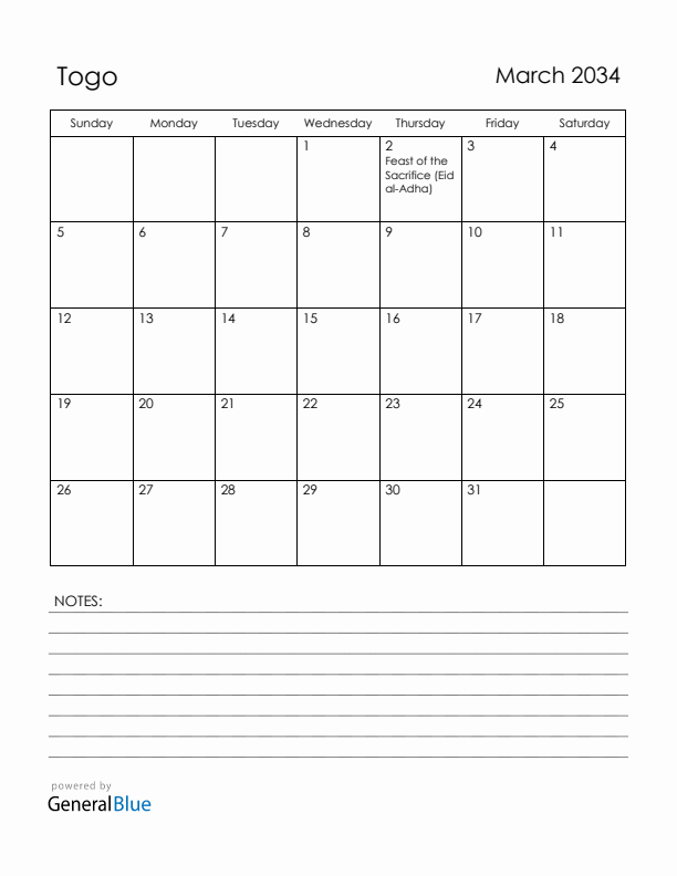 March 2034 Togo Calendar with Holidays (Sunday Start)