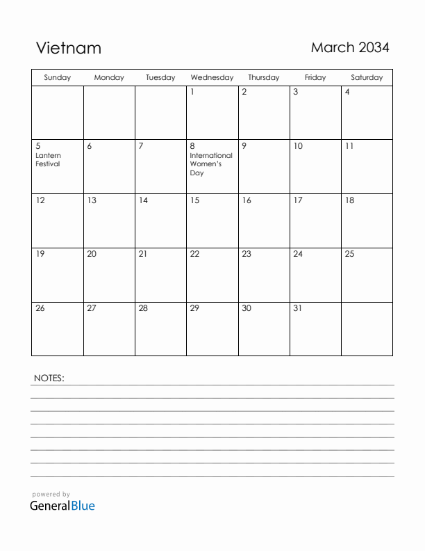 March 2034 Vietnam Calendar with Holidays (Sunday Start)