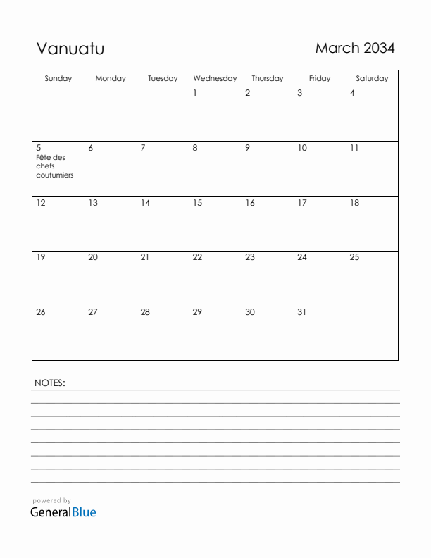 March 2034 Vanuatu Calendar with Holidays (Sunday Start)