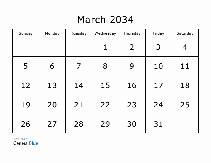Printable March 2034 Calendar - Sunday Start
