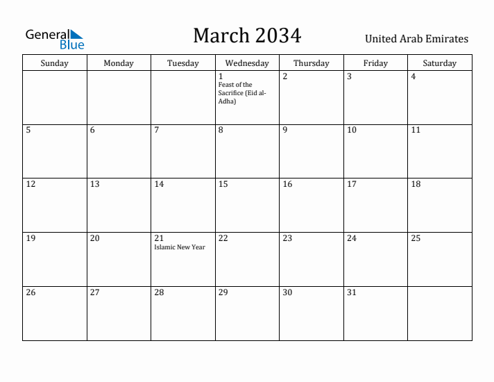 March 2034 Calendar United Arab Emirates